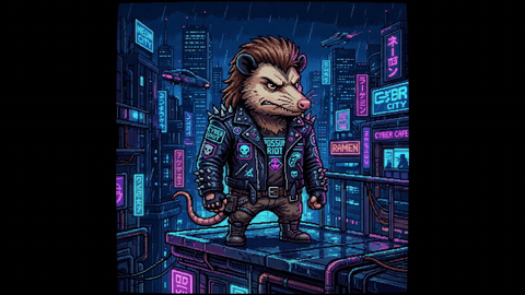 8-bit cyberpunk possum with a mullet and leather jacket